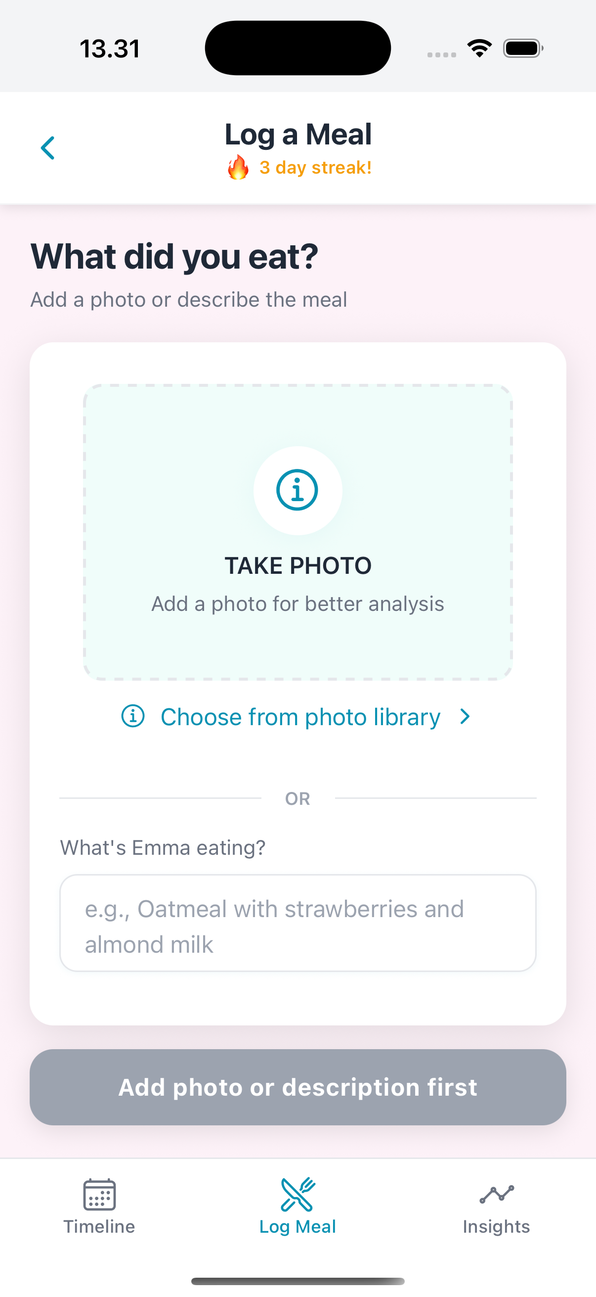 AllergySpot app - Quick meal logging interface showing 15-second photo capture
