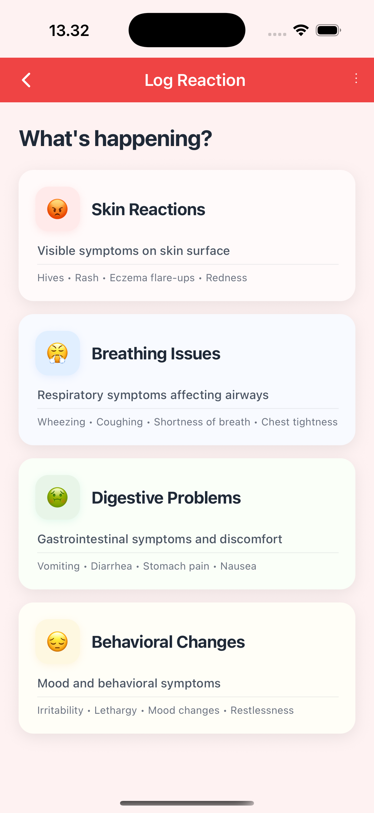 AllergySpot screen to log an allergy reaction
