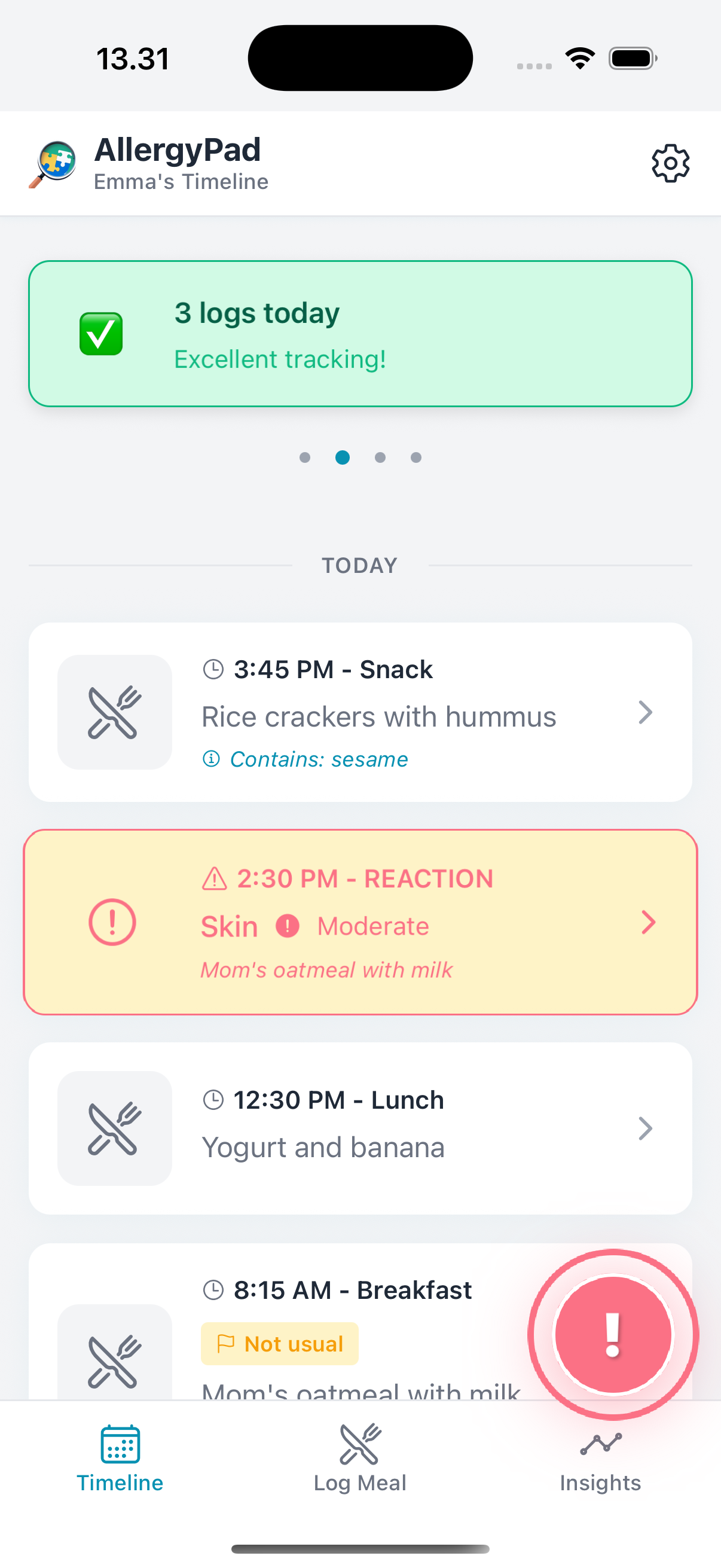 AllergySpot timeline screen showing your private data stays on device